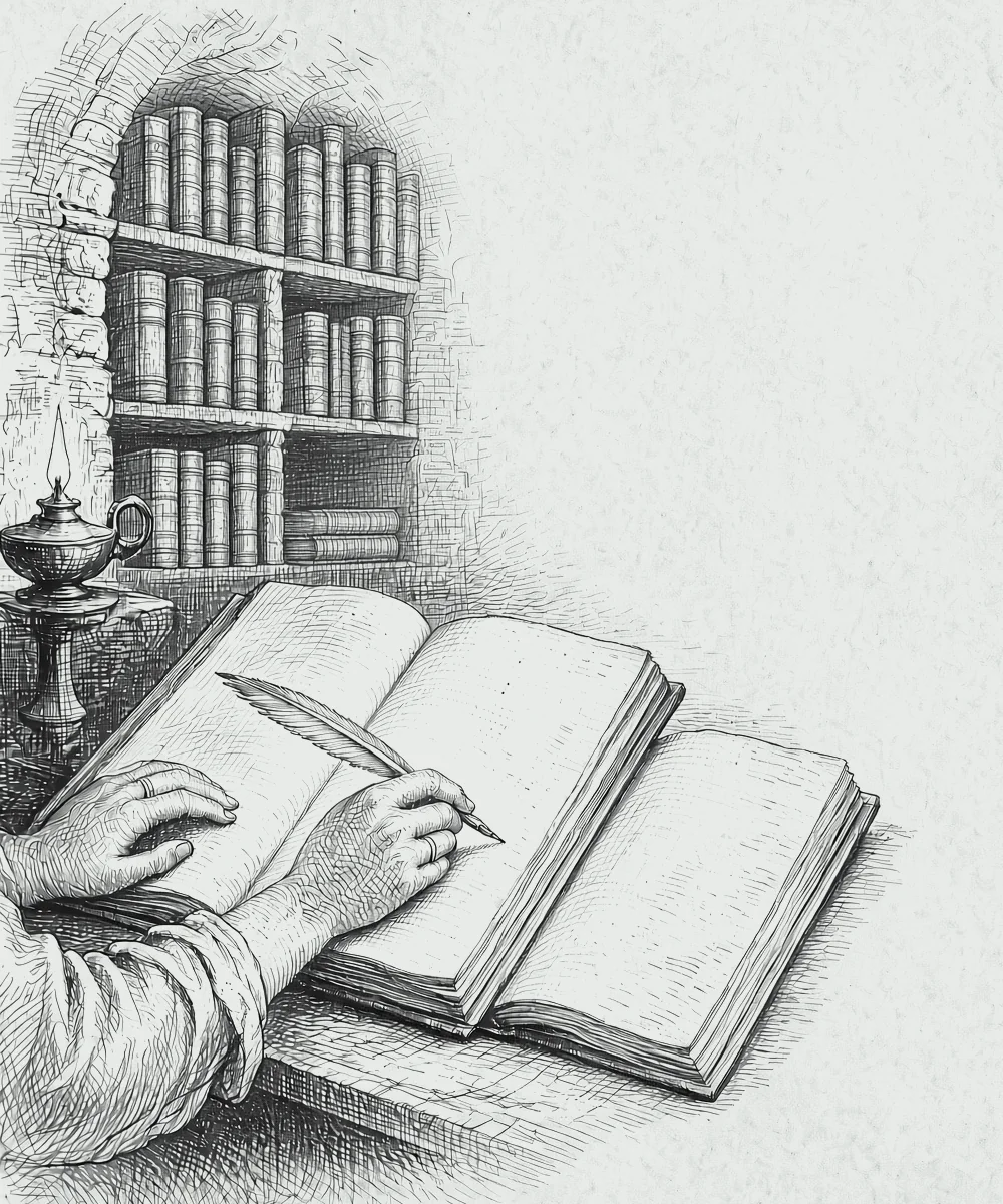 Gravure. Les mains d'une copiste, manche retroussée, tiennent une plume au-dessus d'un grand registre ouvert ; un second registre identique est posé à côté. Une lampe à huile et des rangées de livres reliés occupent une alcôve de pierre.